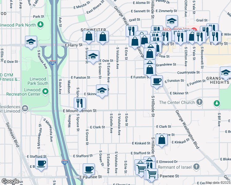 map of restaurants, bars, coffee shops, grocery stores, and more near 1902 South Volutsia Avenue in Wichita