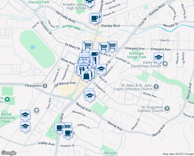 map of restaurants, bars, coffee shops, grocery stores, and more near 119 Neal Street in Pleasanton