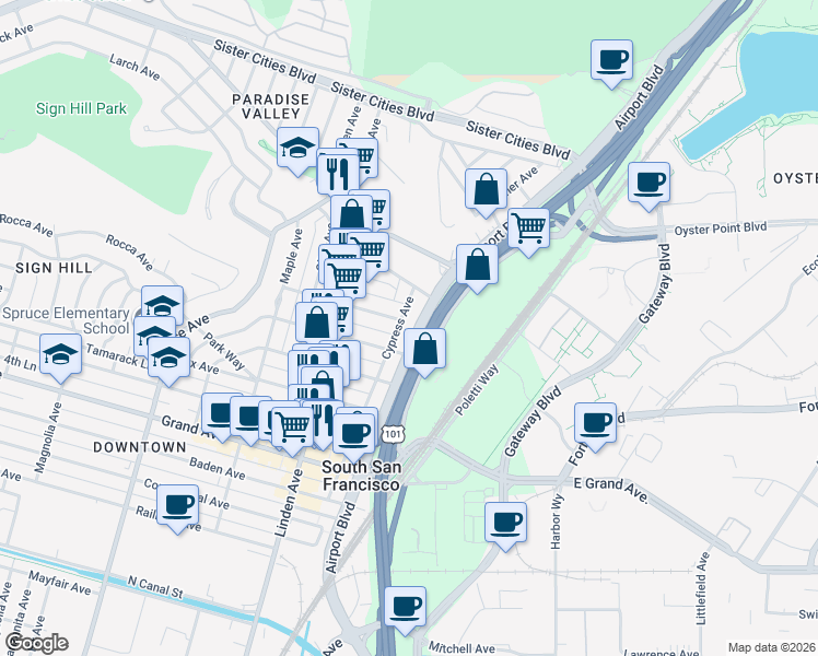 map of restaurants, bars, coffee shops, grocery stores, and more near 721 Airport Boulevard in South San Francisco