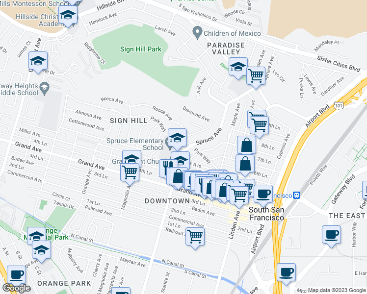 map of restaurants, bars, coffee shops, grocery stores, and more near 521 Spruce Avenue in South San Francisco