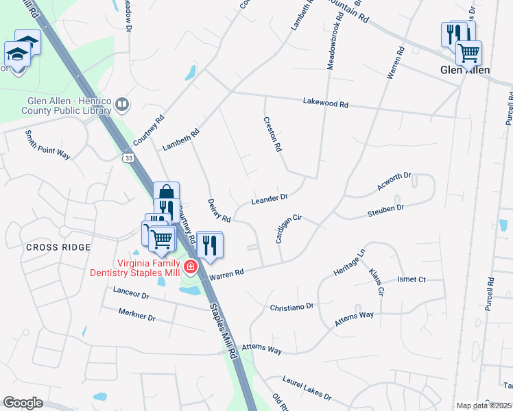 map of restaurants, bars, coffee shops, grocery stores, and more near 10309 Leander Drive in Glen Allen