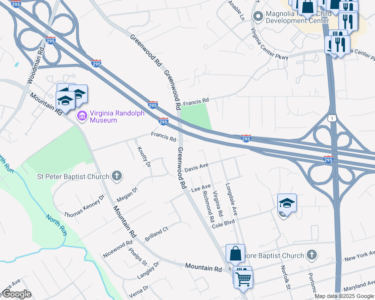 map of restaurants, bars, coffee shops, grocery stores, and more near 10320 Virginia Road in Glen Allen
