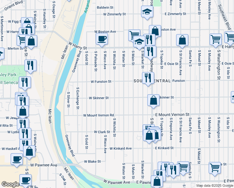 map of restaurants, bars, coffee shops, grocery stores, and more near 1836 South Wichita Street in Wichita