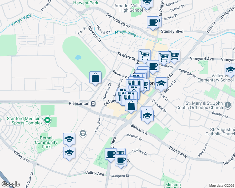 map of restaurants, bars, coffee shops, grocery stores, and more near 4688 Augustine Street in Pleasanton