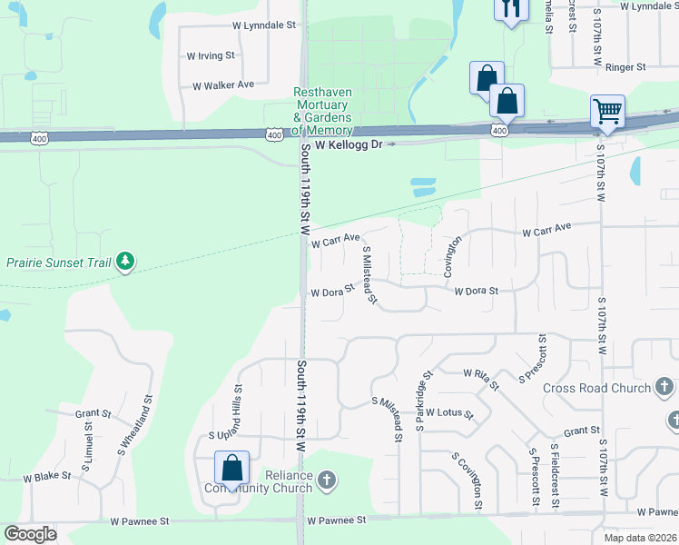 map of restaurants, bars, coffee shops, grocery stores, and more near 11827 West Carr Court in Wichita