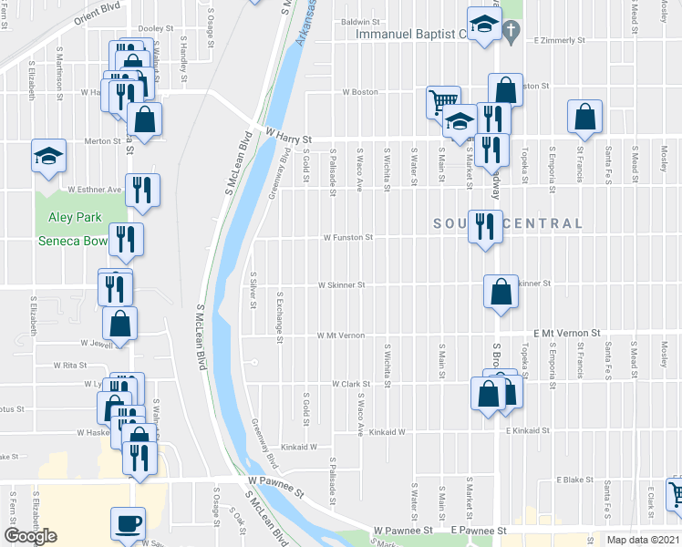 map of restaurants, bars, coffee shops, grocery stores, and more near 1846 South Palisade Street in Wichita