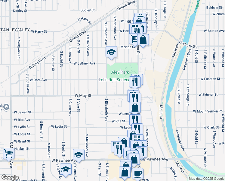 map of restaurants, bars, coffee shops, grocery stores, and more near 1953 South Martinson Street in Wichita
