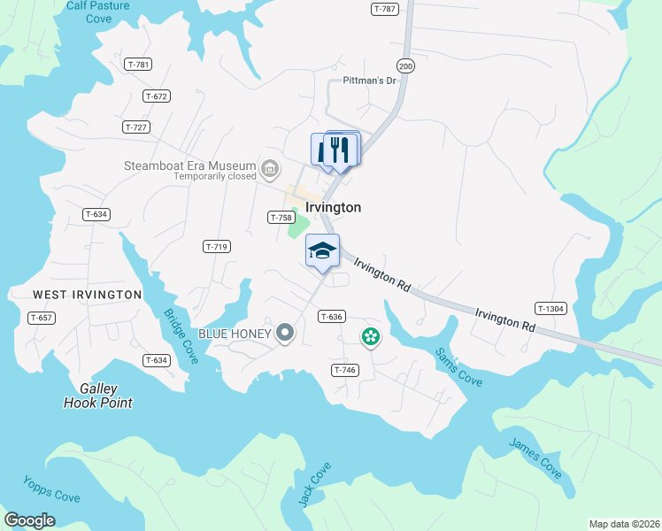 map of restaurants, bars, coffee shops, grocery stores, and more near 42 Steamboat Road in Irvington