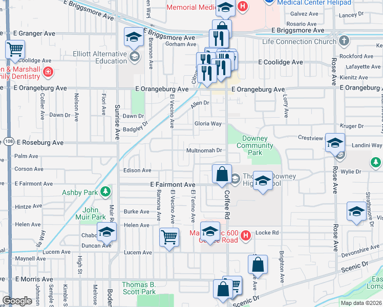 map of restaurants, bars, coffee shops, grocery stores, and more near 1116 El Terino Avenue in Modesto