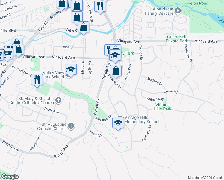 map of restaurants, bars, coffee shops, grocery stores, and more near 3624 Canelli Court in Pleasanton