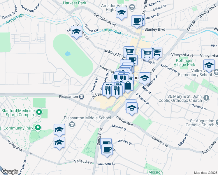 map of restaurants, bars, coffee shops, grocery stores, and more near 1 Peters Avenue in Pleasanton