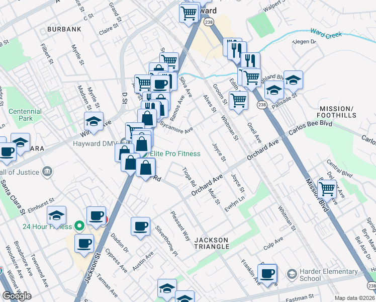 map of restaurants, bars, coffee shops, grocery stores, and more near 24655 Pontiac Street in Hayward
