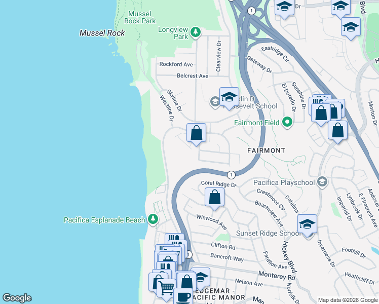 map of restaurants, bars, coffee shops, grocery stores, and more near 138 Paradise Drive in Pacifica