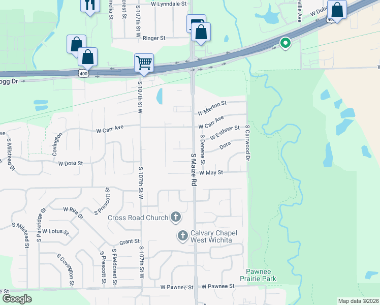 map of restaurants, bars, coffee shops, grocery stores, and more near 10406 West Dora Circle in Wichita