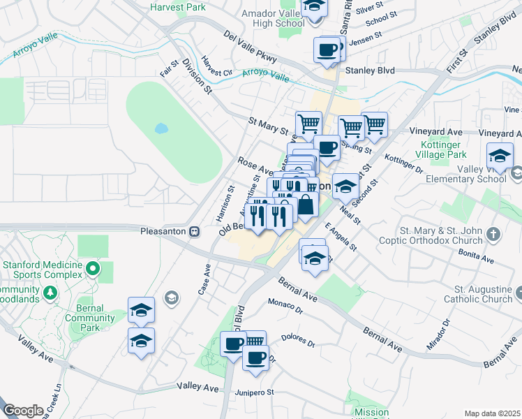 map of restaurants, bars, coffee shops, grocery stores, and more near 68 Peters Avenue in Pleasanton