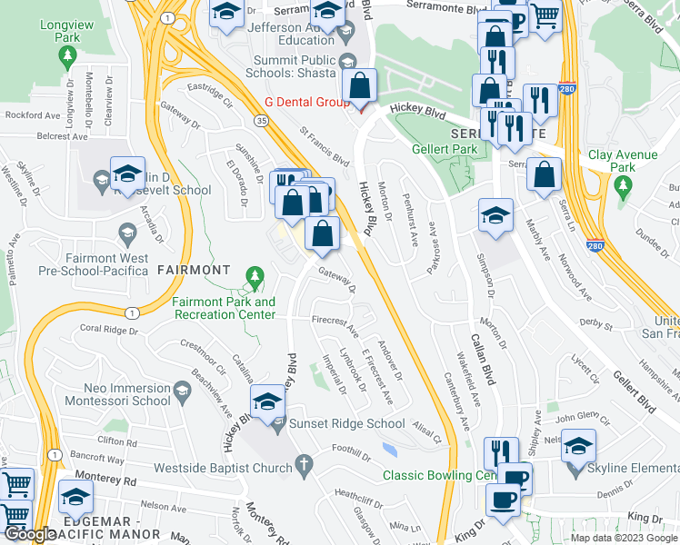 map of restaurants, bars, coffee shops, grocery stores, and more near 417 Gateway Drive in Pacifica