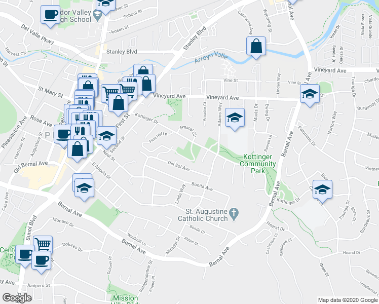 map of restaurants, bars, coffee shops, grocery stores, and more near 519 Kottinger Drive in Pleasanton