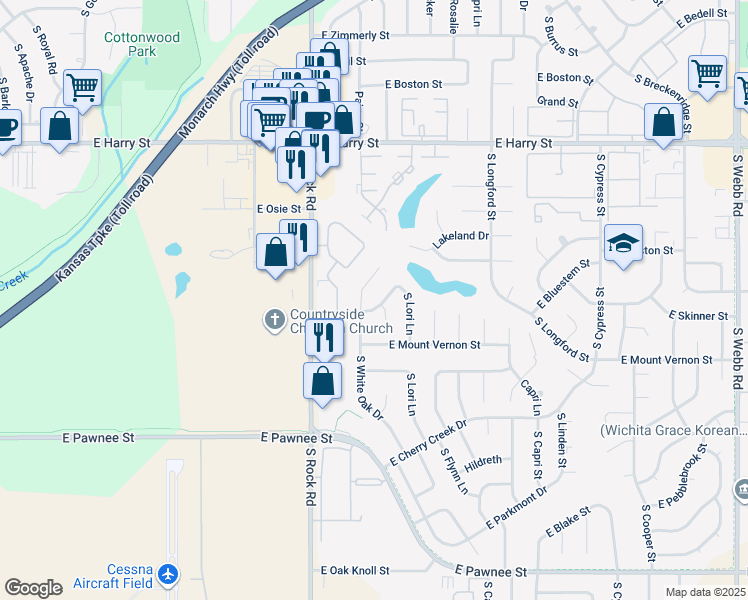 map of restaurants, bars, coffee shops, grocery stores, and more near 8200 East Bluestem Street in Wichita