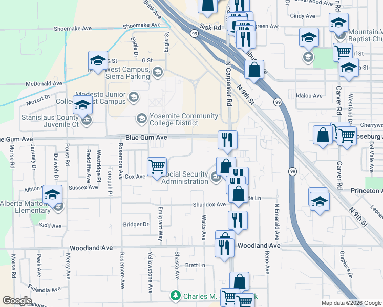map of restaurants, bars, coffee shops, grocery stores, and more near Cummins Drive in Modesto