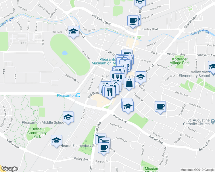 map of restaurants, bars, coffee shops, grocery stores, and more near 54 Peters Avenue in Pleasanton