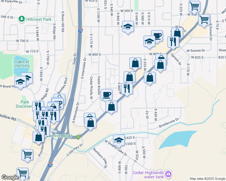 map of restaurants, bars, coffee shops, grocery stores, and more near 1060 South Main Street in Cedar City