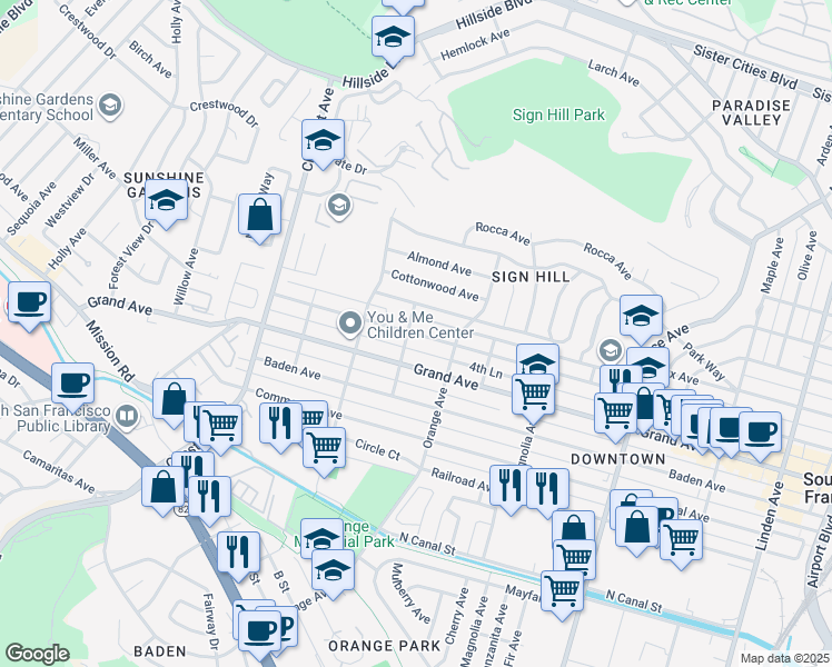 map of restaurants, bars, coffee shops, grocery stores, and more near Miller Avenue in South San Francisco