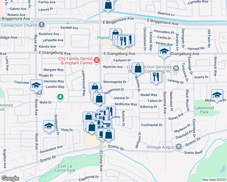 map of restaurants, bars, coffee shops, grocery stores, and more near 2224 Peppermint Drive in Modesto