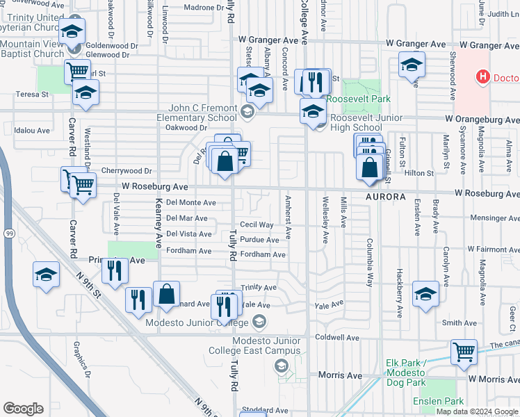 map of restaurants, bars, coffee shops, grocery stores, and more near 1220 West Roseburg Avenue in Modesto