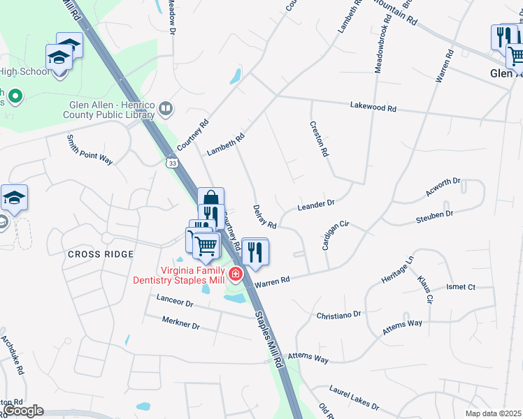 map of restaurants, bars, coffee shops, grocery stores, and more near 10309 Delray Road in Glen Allen