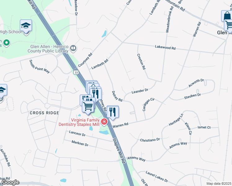 map of restaurants, bars, coffee shops, grocery stores, and more near 10309 Delray Road in Glen Allen