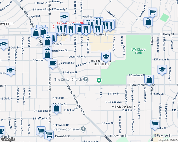 map of restaurants, bars, coffee shops, grocery stores, and more near 3808 East Meadow Lane in Wichita