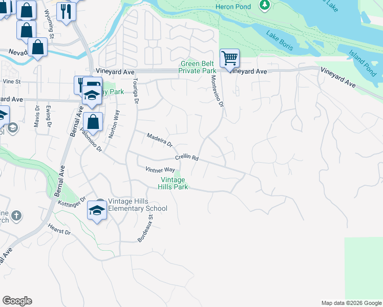 map of restaurants, bars, coffee shops, grocery stores, and more near 1196 Crellin Road in Pleasanton