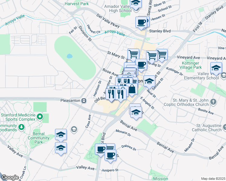 map of restaurants, bars, coffee shops, grocery stores, and more near 68 Peters Avenue in Pleasanton