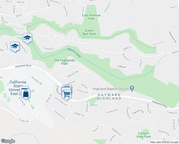 map of restaurants, bars, coffee shops, grocery stores, and more near 26599 Parkside Drive in Hayward