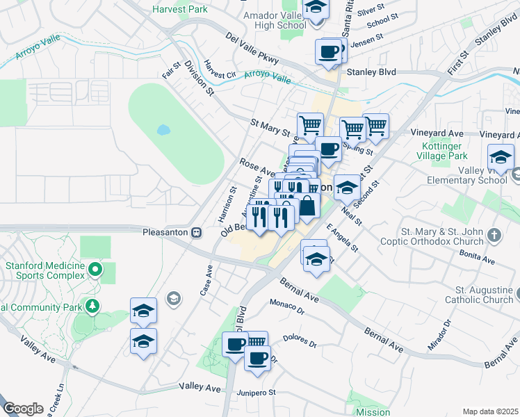 map of restaurants, bars, coffee shops, grocery stores, and more near 1 Peters Avenue in Pleasanton