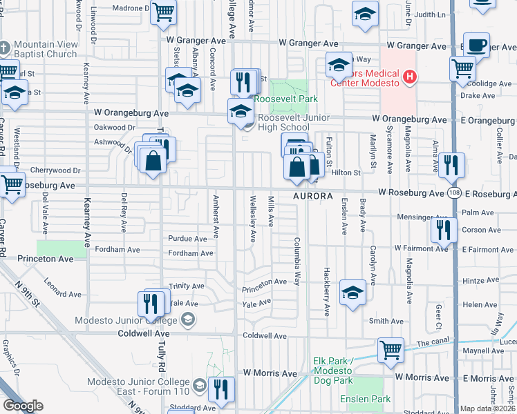 map of restaurants, bars, coffee shops, grocery stores, and more near 1105 Wellesley Avenue in Modesto