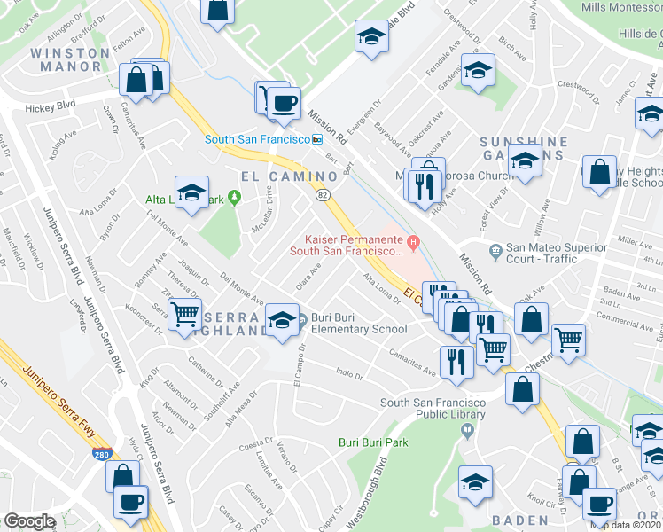 map of restaurants, bars, coffee shops, grocery stores, and more near 10 Los Flores Avenue in South San Francisco