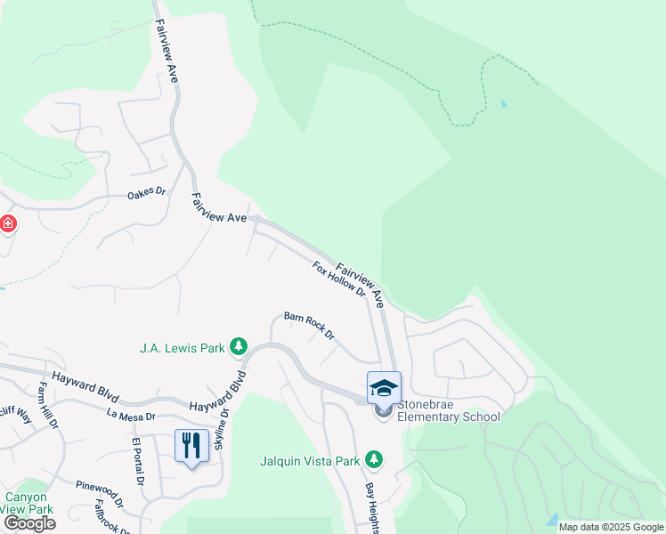 map of restaurants, bars, coffee shops, grocery stores, and more near 28378 Fox Hollow Drive in Hayward