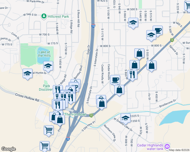 map of restaurants, bars, coffee shops, grocery stores, and more near 1293 West 1020 South Circle in Cedar City
