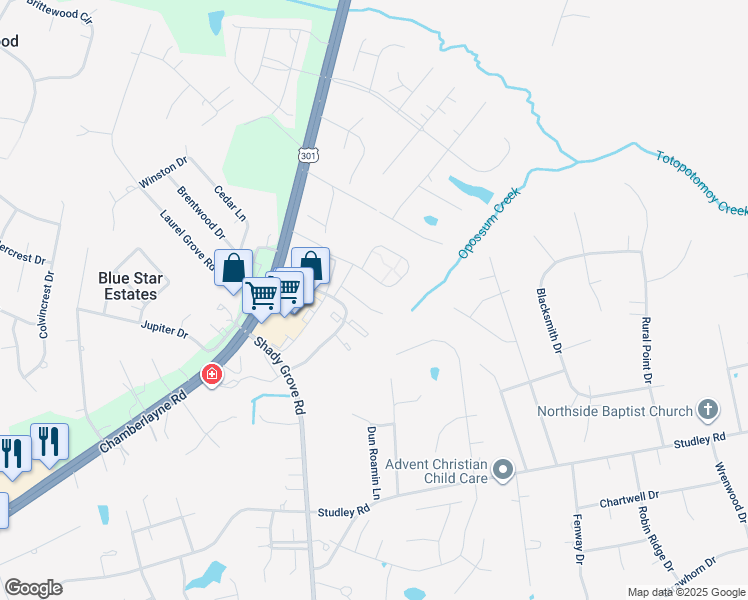 map of restaurants, bars, coffee shops, grocery stores, and more near 8447 Villetta Pointe Lane in Mechanicsville