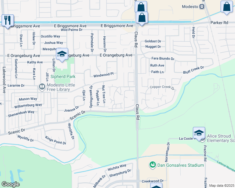 map of restaurants, bars, coffee shops, grocery stores, and more near 1122 Cedar Creek Drive in Modesto