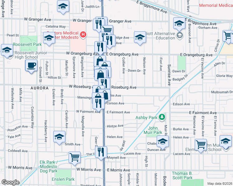 map of restaurants, bars, coffee shops, grocery stores, and more near 136 Palm Avenue in Modesto