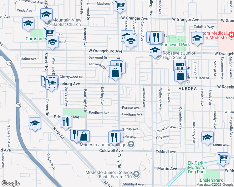 map of restaurants, bars, coffee shops, grocery stores, and more near 1107 Tully Road in Modesto