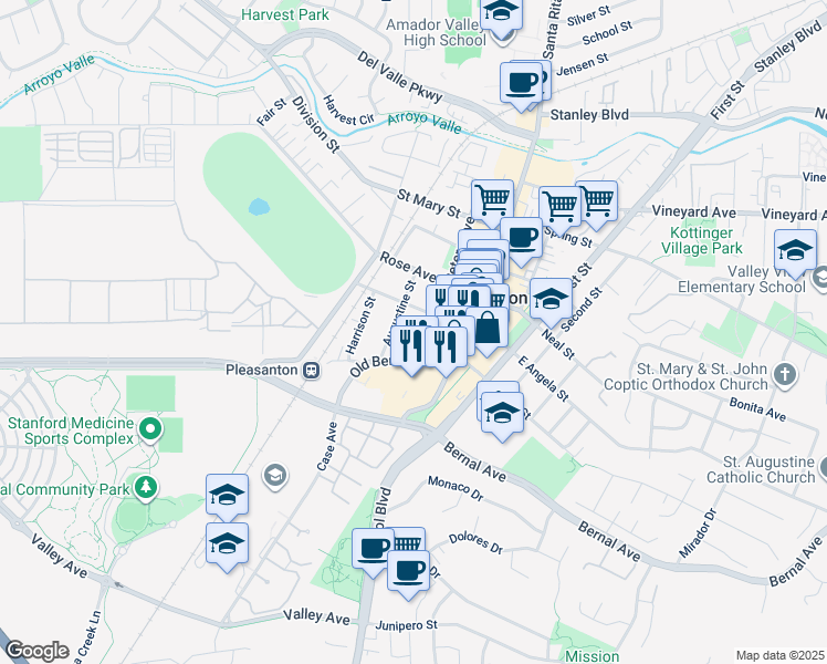 map of restaurants, bars, coffee shops, grocery stores, and more near 1 Peters Avenue in Pleasanton