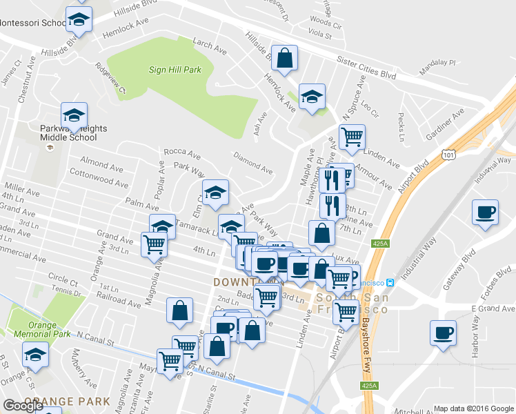 map of restaurants, bars, coffee shops, grocery stores, and more near 605 Pine Terrace in South San Francisco