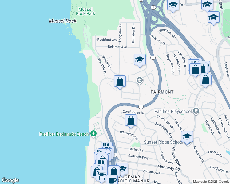 map of restaurants, bars, coffee shops, grocery stores, and more near 138 Paradise Drive in Pacifica