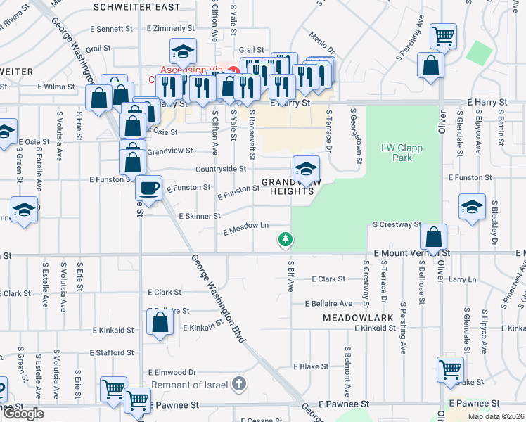 map of restaurants, bars, coffee shops, grocery stores, and more near 3808 East Meadow Lane in Wichita