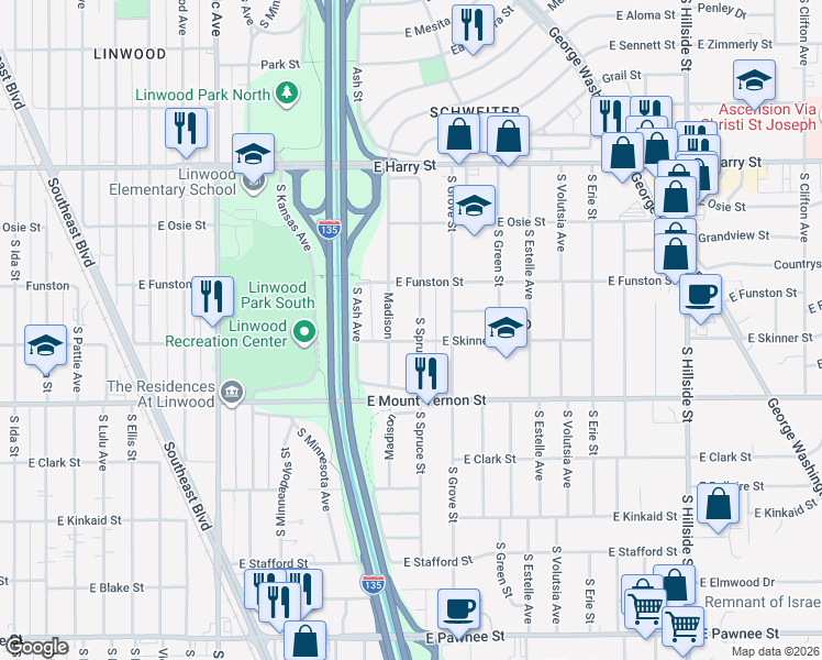 map of restaurants, bars, coffee shops, grocery stores, and more near 1901 South Spruce Street in Wichita