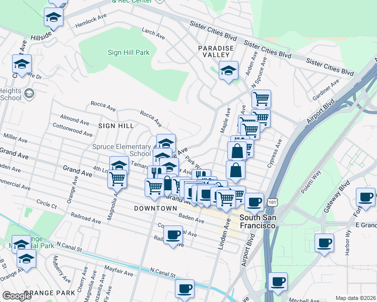 map of restaurants, bars, coffee shops, grocery stores, and more near 620 Spruce Avenue in South San Francisco