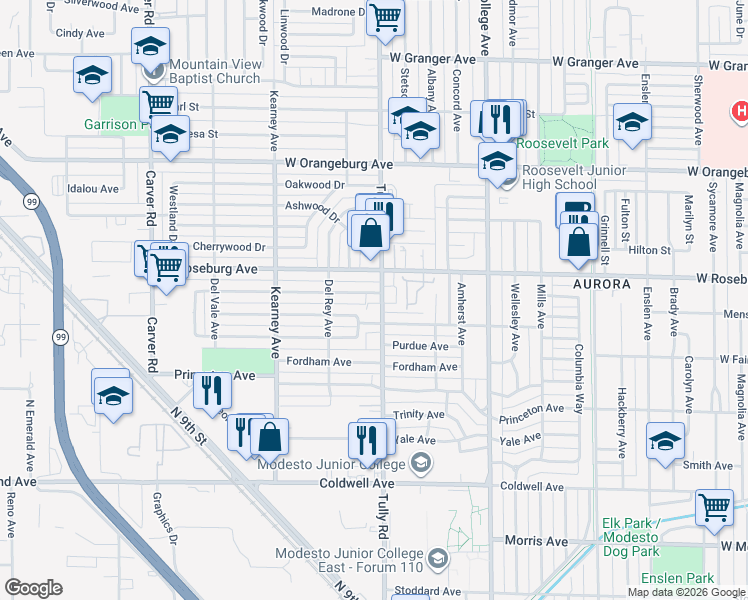 map of restaurants, bars, coffee shops, grocery stores, and more near 1123 Tully Road in Modesto